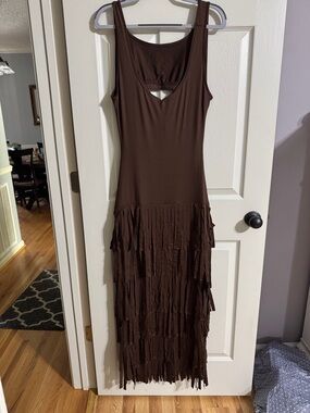 SHEIN Chocolate Brown Sleeveless Stretchy Fringe Maxi Dress XL